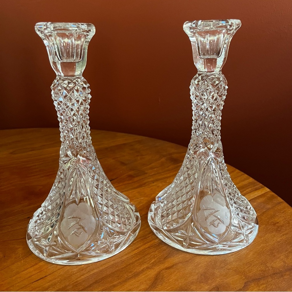 Heavy Crystal Candlesticks Candleholders Diamond Point Etched Rose